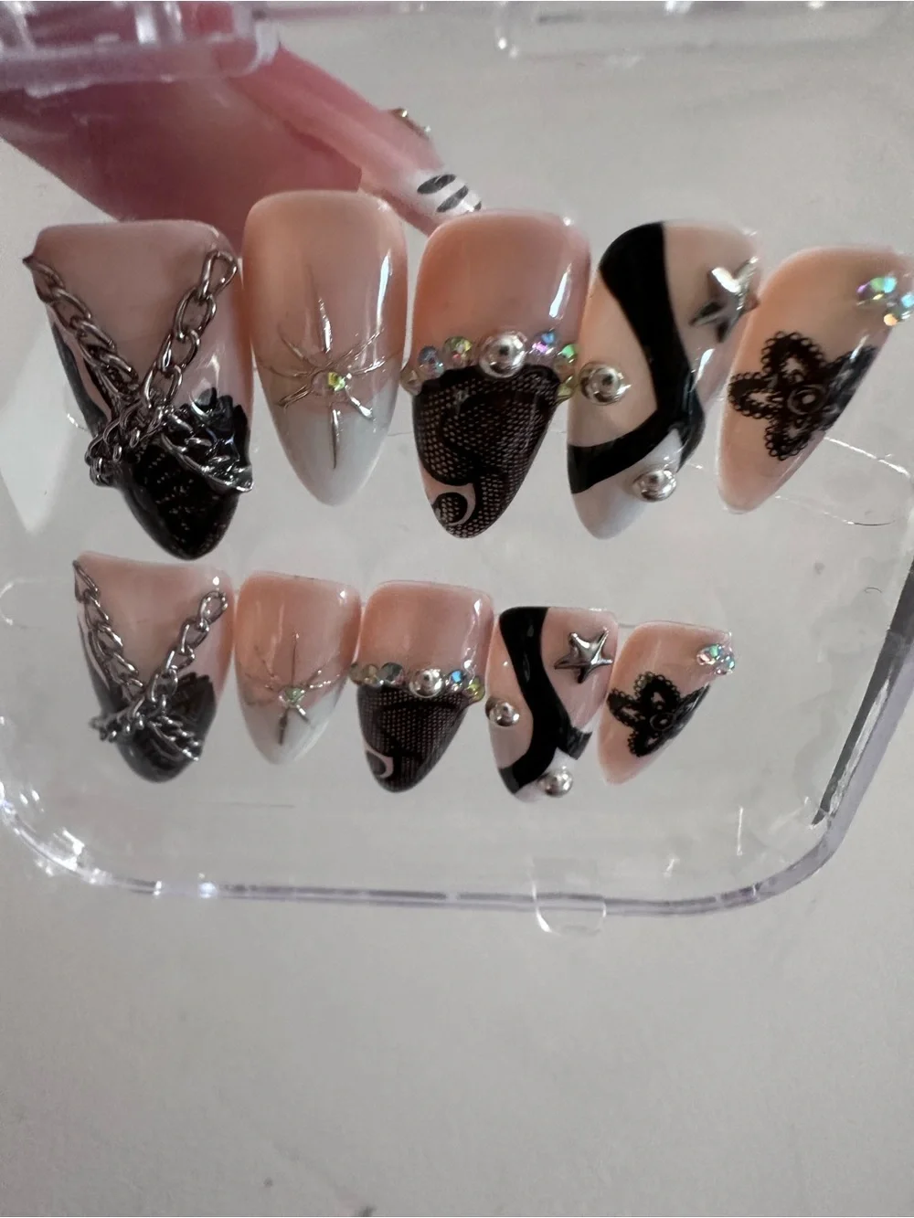 Custom Hand-Painted Long Stiletto Press On Nails Goth Cyber medium